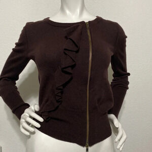 J.Crew Brown 100% Merino Wool Front Zip Ruffle Sweater Size S